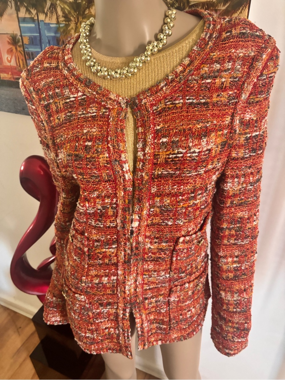 St. John Orange Multicolor Tweed Blazer red orange yellow 12 buttons shimmer - Picture 8 of 8